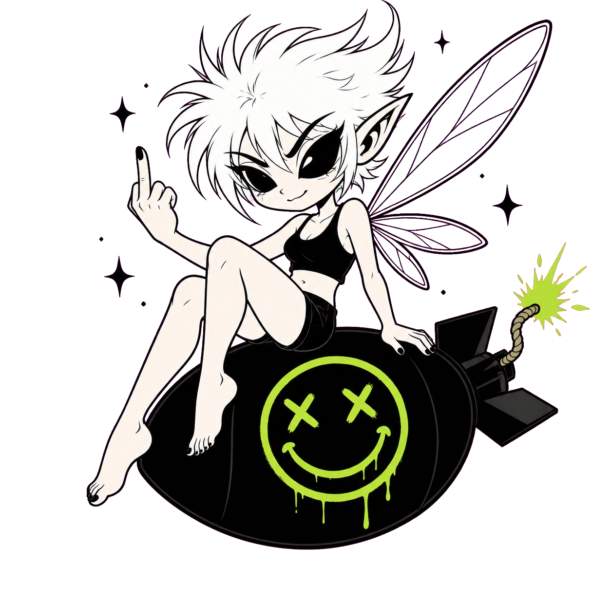 A grinning fairy flipping the bird while riding a dripping-smiley bomb with a lit fuse